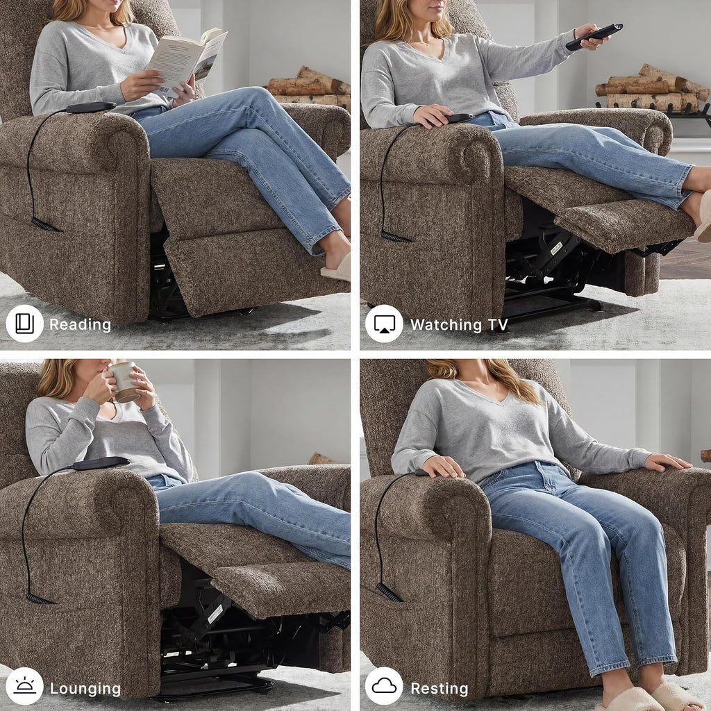 Signature Design by Ashley Aureta Classic Stain Resistant Power Lift Recliner with Side Pocket, Heat and Massage, Dark Brown