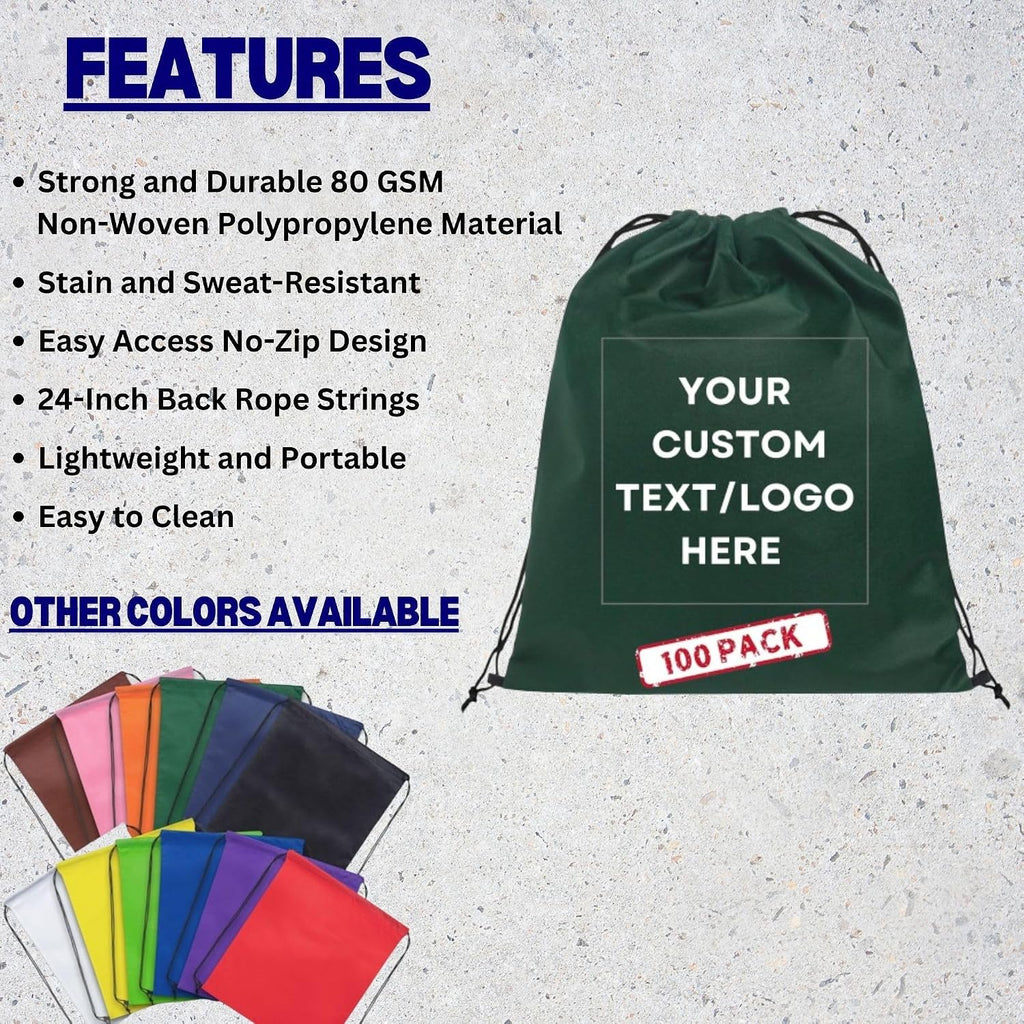 HANDSY Non-Woven Custom Drawstring Bags - Personalized Drawstring Backpack- Custom Bags with Logo for Traveling,Gym and Everyday Use (100, Dark Green)