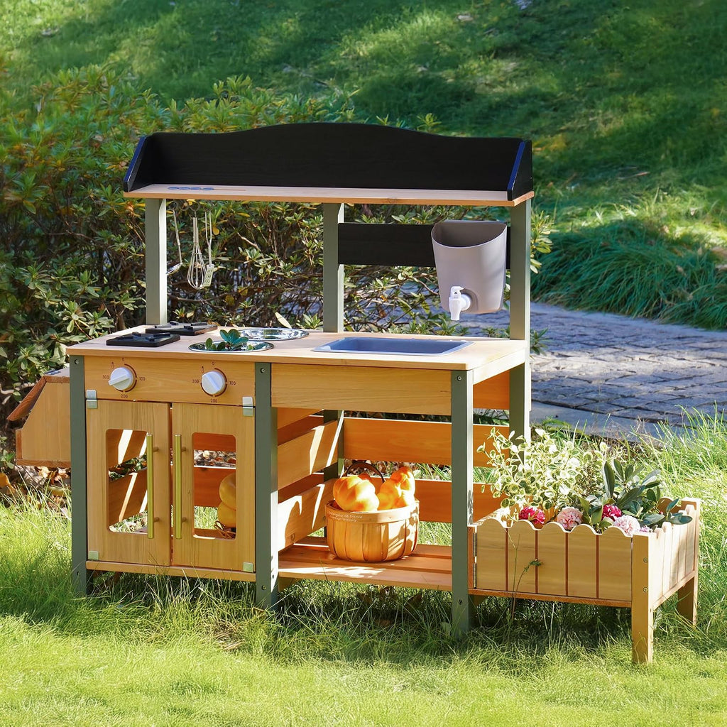 ROBOTIME Mud Kitchen for Kids Outdoor, Wood Outdoor Kitchen with Insect Observation Box & Planter Box, Toddler Play Kitchen with Removable Sink & Faucet, Pretend Outdoor Playset