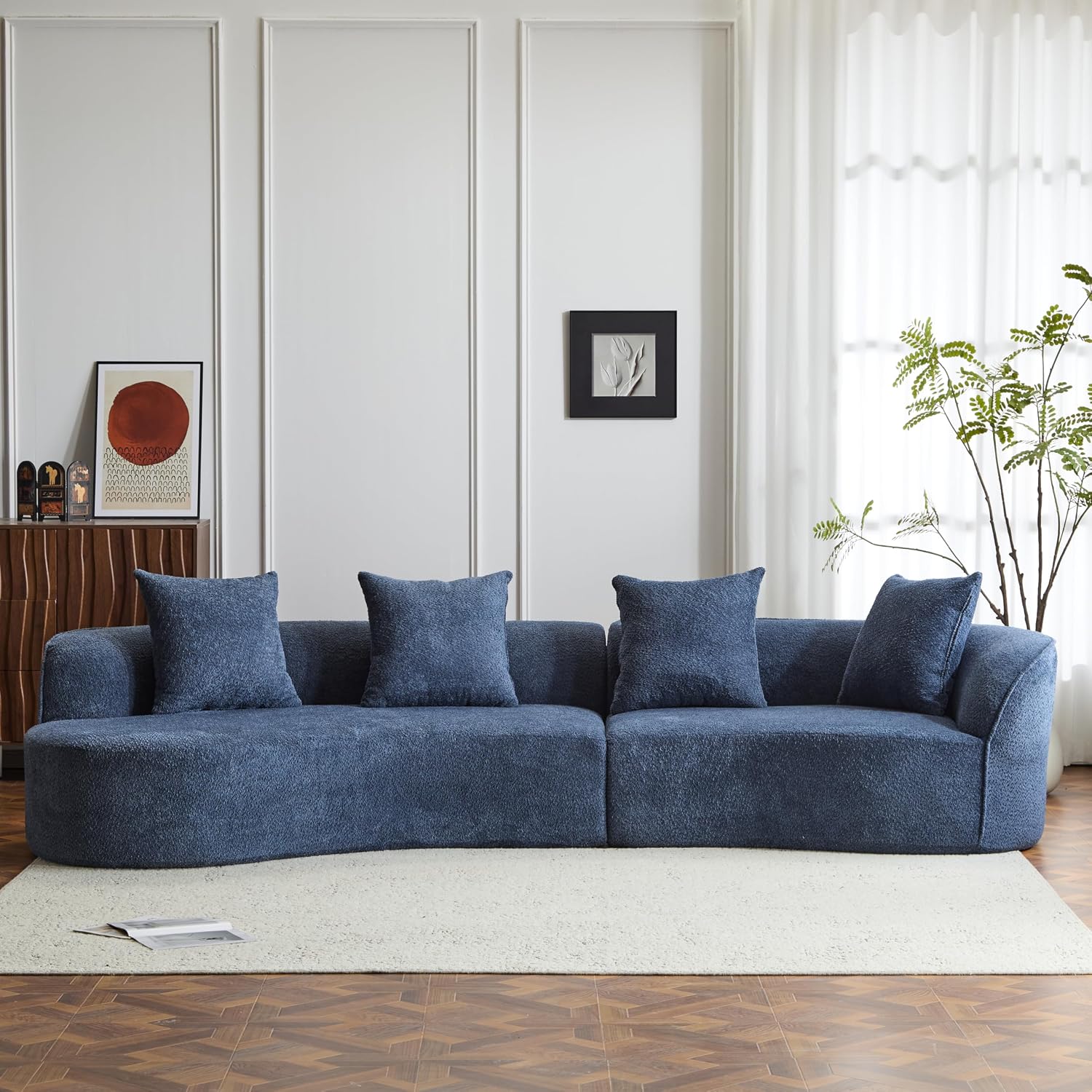 Christopher Knight Home Braebt 126' Curved Modular Sectional Sofa with 4 Throw Pillows, Comfy Upholstered Cloud Couch, 5-Seater Sofa Couches for Living Room, Study, No Assembly Required, Navy Blue