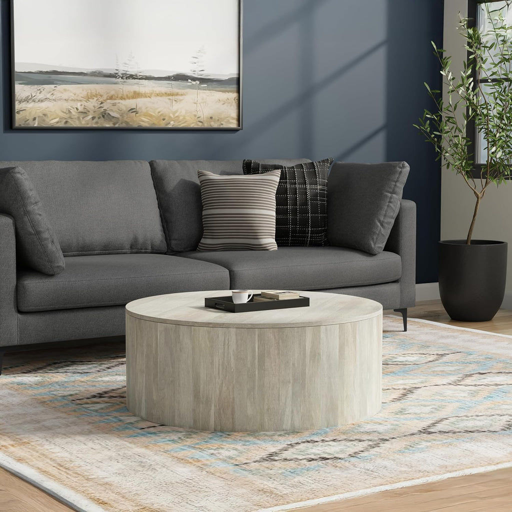 SIMPLIHOME Millbury Drum Coffee Table - 36 inch Wide Solid Mango Wood Round Living Room Table in White Wash, Contemporary Cocktail Table for Family Room or Lounge with Large Surface, Assembled