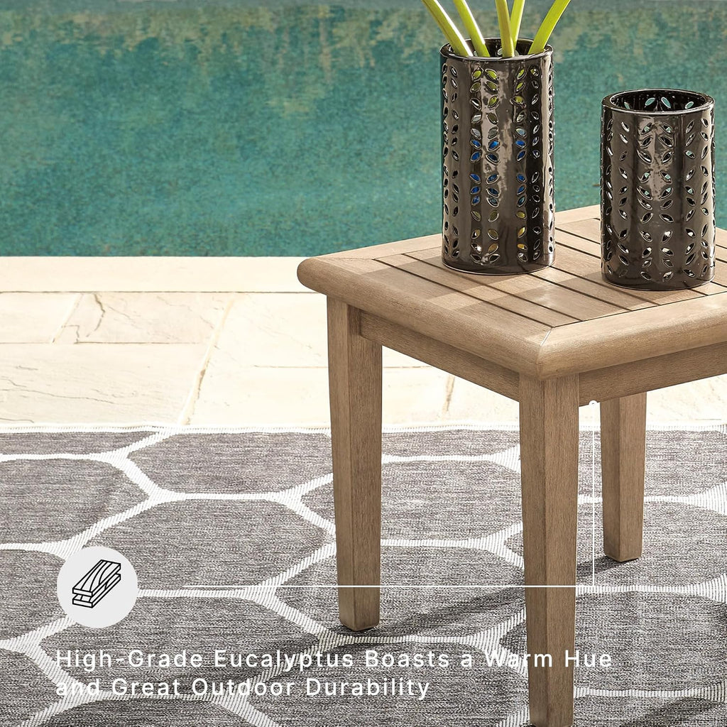 Signature Design by Ashley Gerianne Outdoor Square End Table with Slatting Styling and 5-Step Finishing Process, Eucalyptus Wood Frame, 22' High, Grayish Brown
