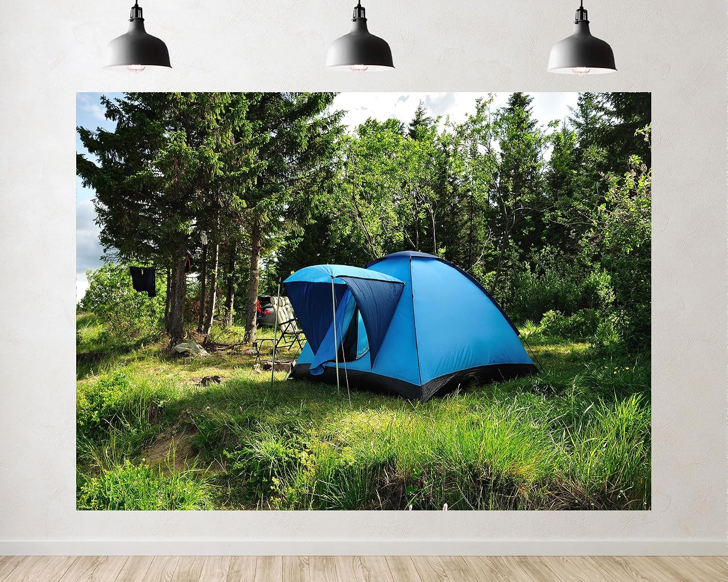 Trykid 20x10ft Blue Tent Forest Backdrop Lush Green Camping Scene Photography Background Outdoor Hiking Shoot Tapestry Party Decoration Photo Studio Prop Fabric