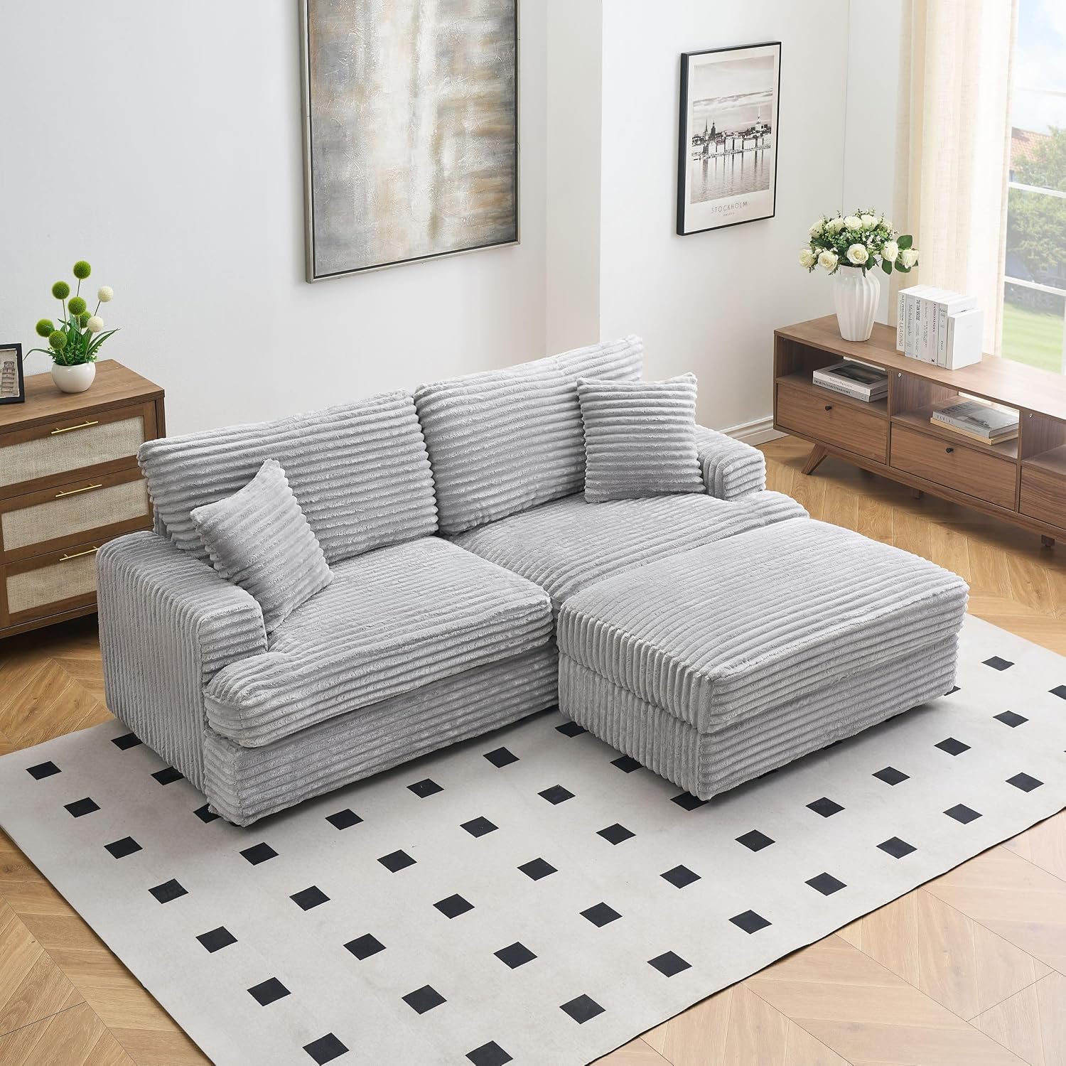 KEIKI 88.58 inch Corduroy Sofa, Wide Corduroy Sofa Chair with Storage Feet and 4 Throw Pillows, Sleeper Couch for Living Room, Apartment, Salon, Home Theater, Gray