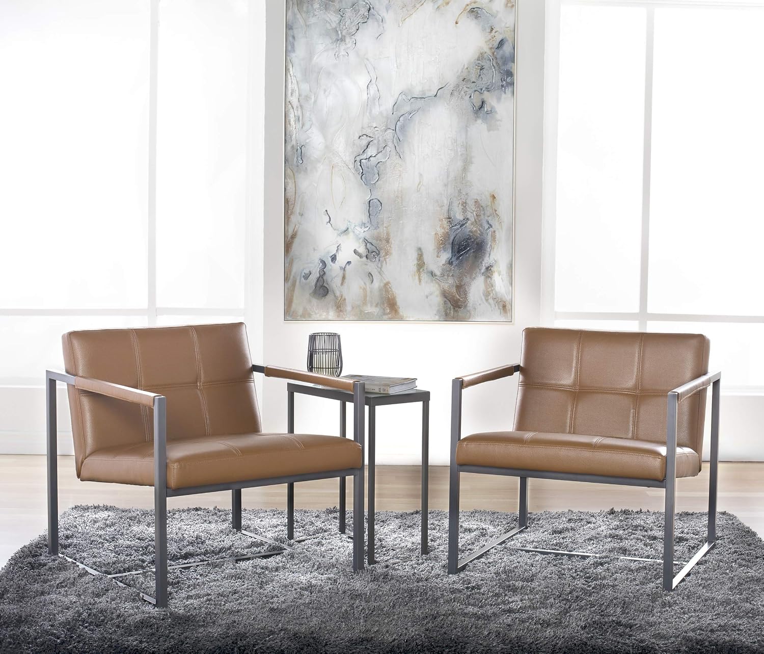 Studio Designs Home Modern Accent Chair Camber Mid-Century, Pewter Grey Metal Frame & Caramel Brown Leather