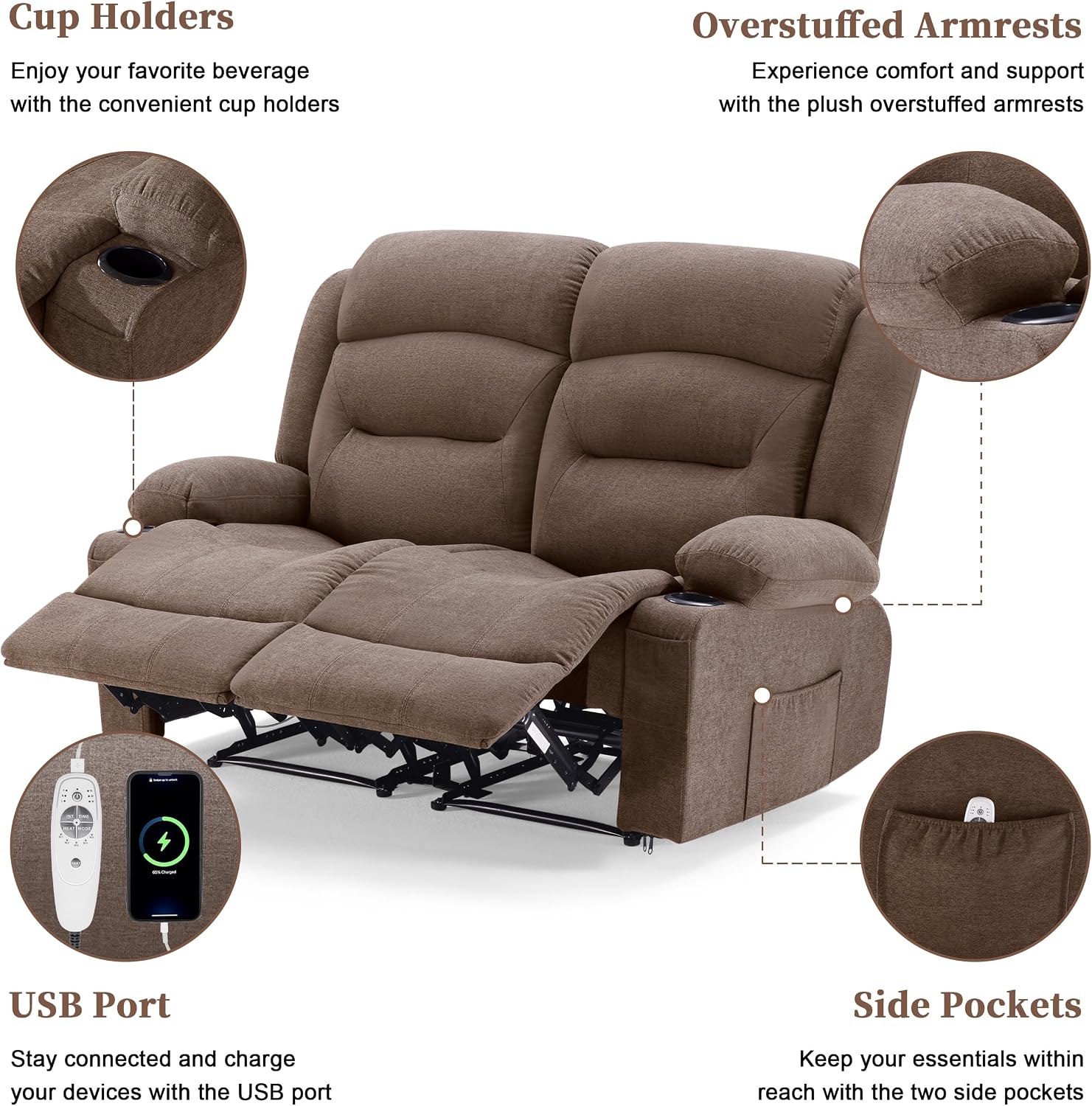 Weture Oversized Recliner Loveseat with Heat and Massage, Wall-Hugger Reclining Sofa with Cup Holders and USB Port, Big Large 2-Seater Double RV Recliner Loveseat for Living Room (Fabric, Brown)