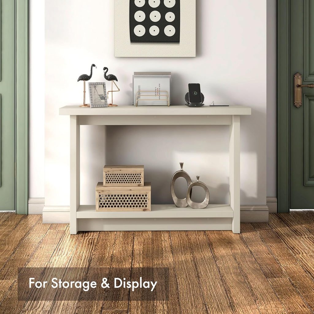 24/7 Shop at Home Elvis 32 inch Modern Wooden Console Table with Charging Station, USB Ports and Shelf, Behind Couch Furniture for Living Room, Entryway, Foyer, Hallway, Office, Soft White