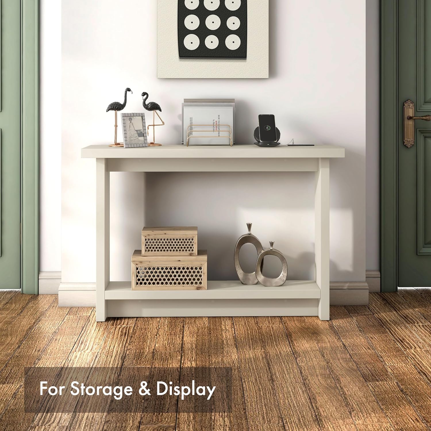 24/7 Shop at Home Elvis 32 inch Modern Wooden Console Table with Charging Station, USB Ports and Shelf, Behind Couch Furniture for Living Room, Entryway, Foyer, Hallway, Office, Soft White