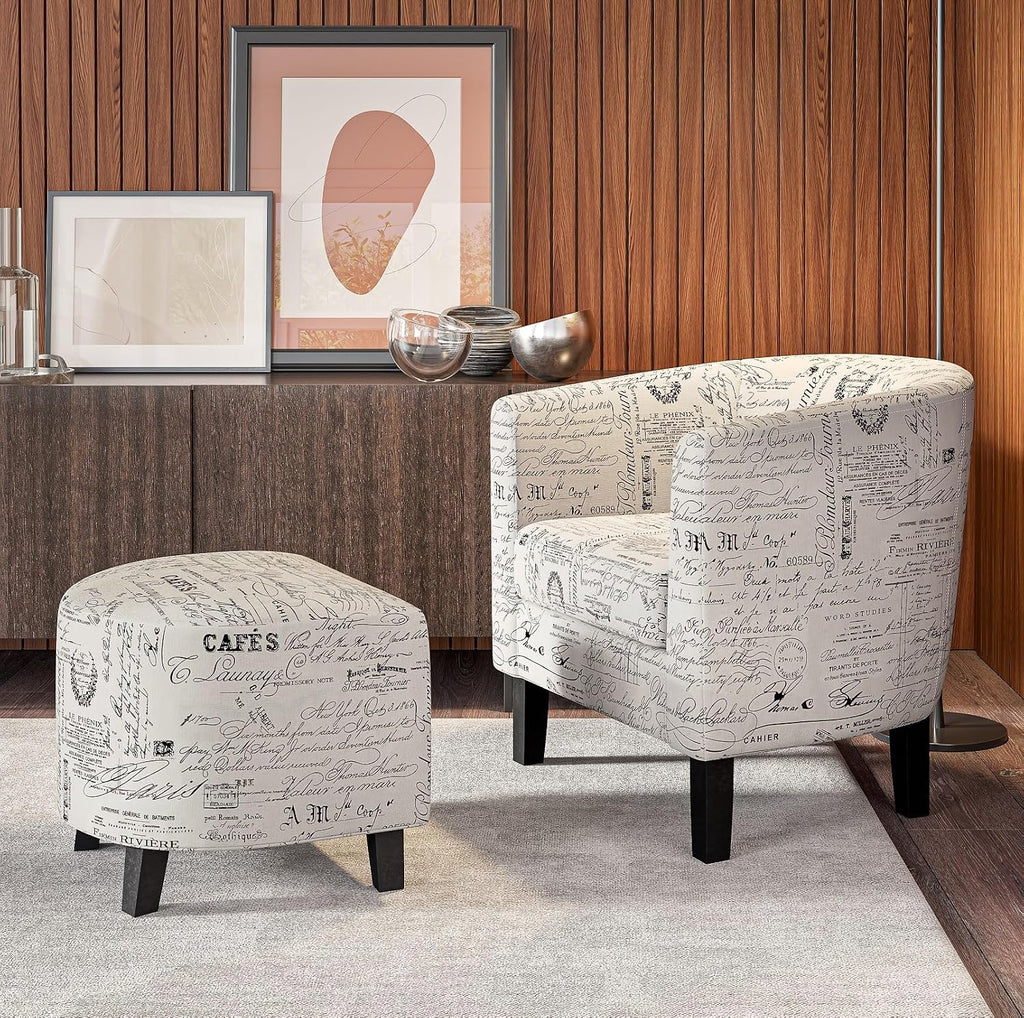 Belleze Accent Tub Chair Curved Back French Print Script Linen Fabric w/ Ottoman Modern Stylish Round Armrest, Beige