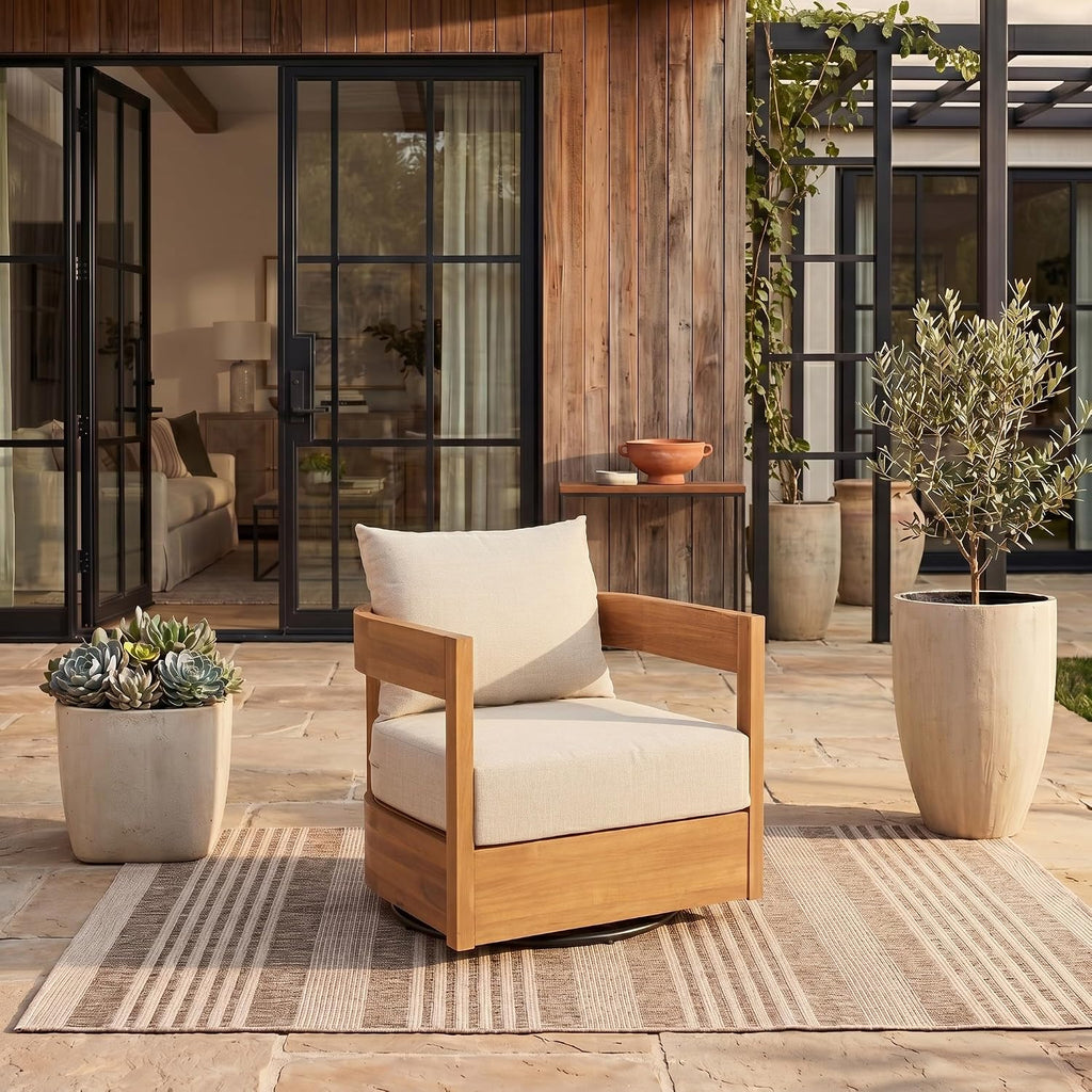SAFAVIEH Outdoor - Kento Swivel Lounge Chair - Natural & Taupe - Solid Wood with Cushion - Modern Round Design - Ideal for Patio, Deck, Porch, Backyard, 27.5' W x 33' D x 29.1' H (PAT7099A)