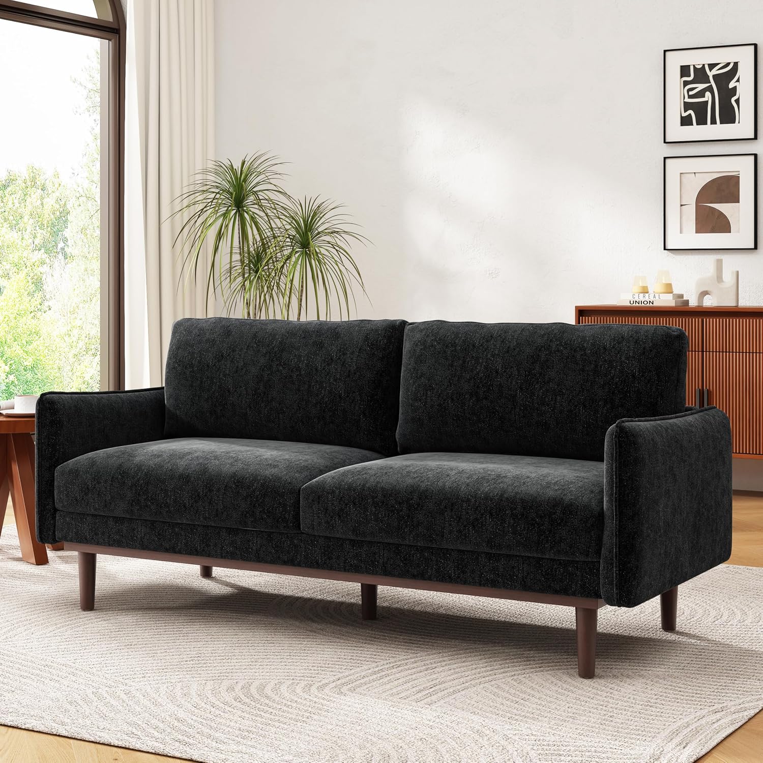 Christopher Knight Home Brena Modern Chenille Upholstered Loveseat Sofa, Wooden 2 Seater Sofa Couch with Deep Seat, Comfy Cloud Couch for Living Room, Bedroom, Home Office, Black