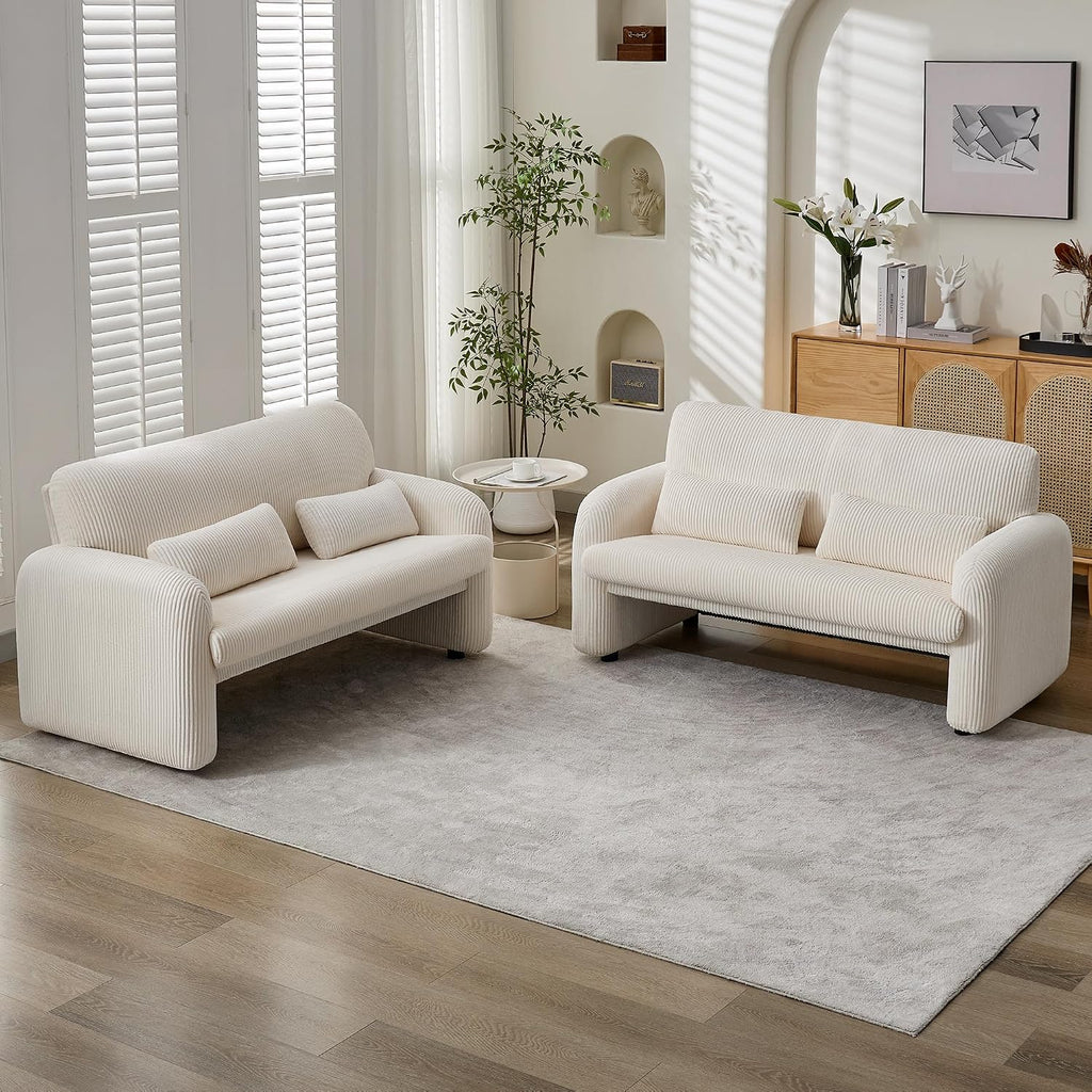 WUTUTUEE Corduroy Accent Living Room Sets, Modern Upholstered Love Seat with 2 Accent Chairs, Wide Comfy Leisure Chair Sets for Bedroom, Office, White