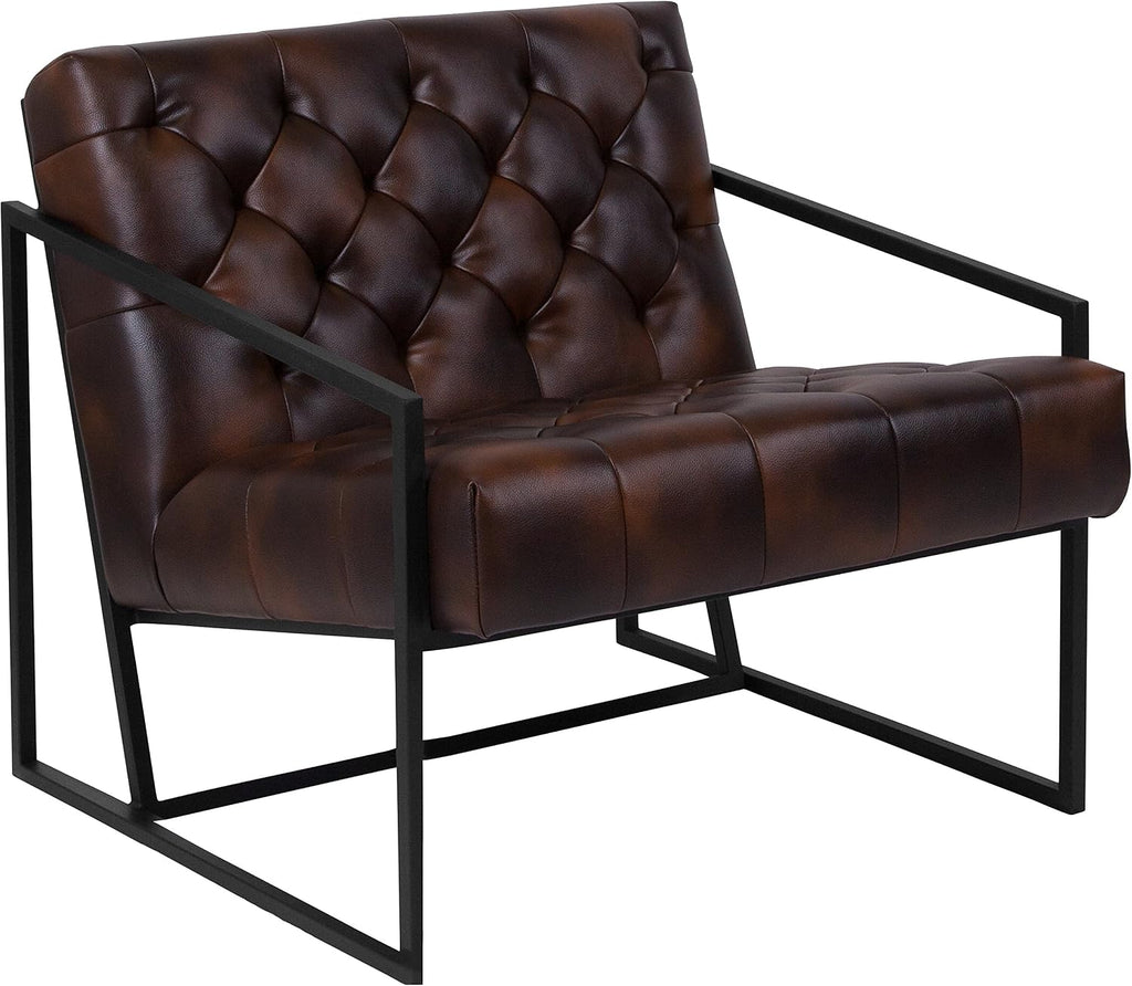 Flash Furniture Hercules Madison Series Bomber Jacket LeatherSoft Tufted Lounge Chair, Tufted Retro Accent Chair for Living Room or Office, Brown/Black