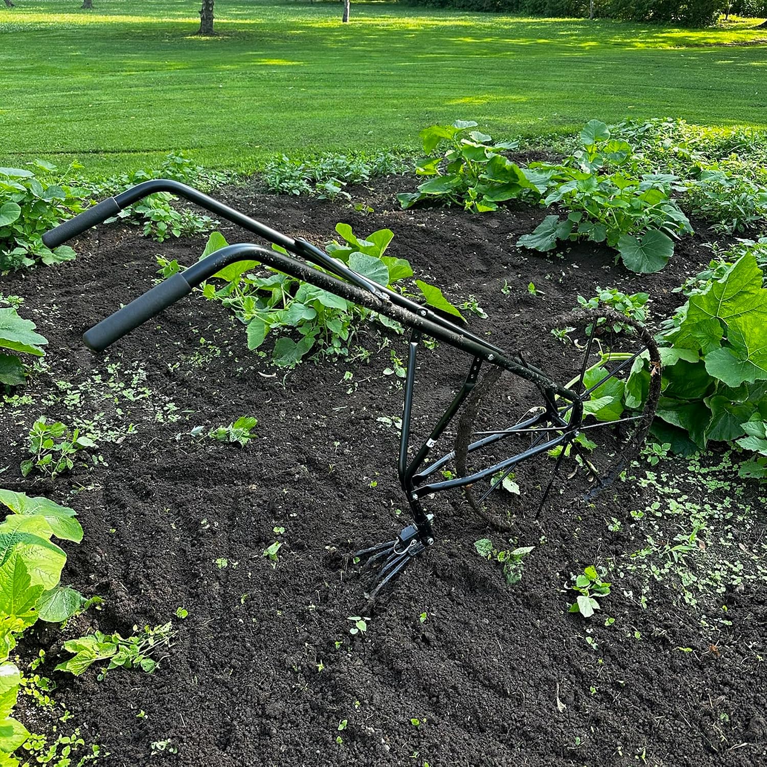 High Wheel Cultivator with Comfort Handle with 3- Position Adjustable, Quick Change Implements, and 24 Inch Steel Wheel