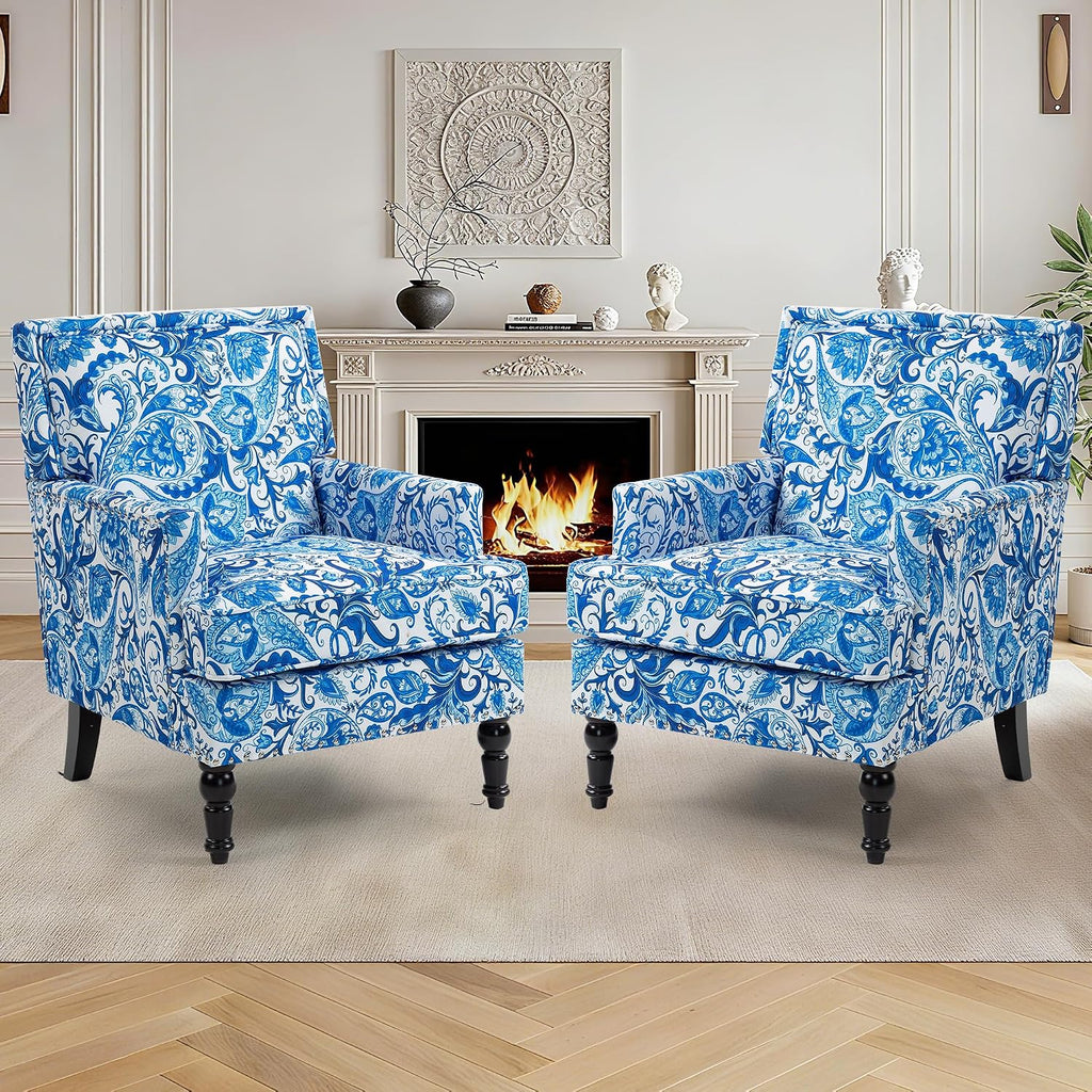 Accent Chair, Modern Comfy Mid-Century Anthropologie Accent Chairs, Linen Upholstered Wingback Lounge Arm Chair with Solid Wood,Single Floral Pattern Chair for Living Room/Balcony/Bedroom