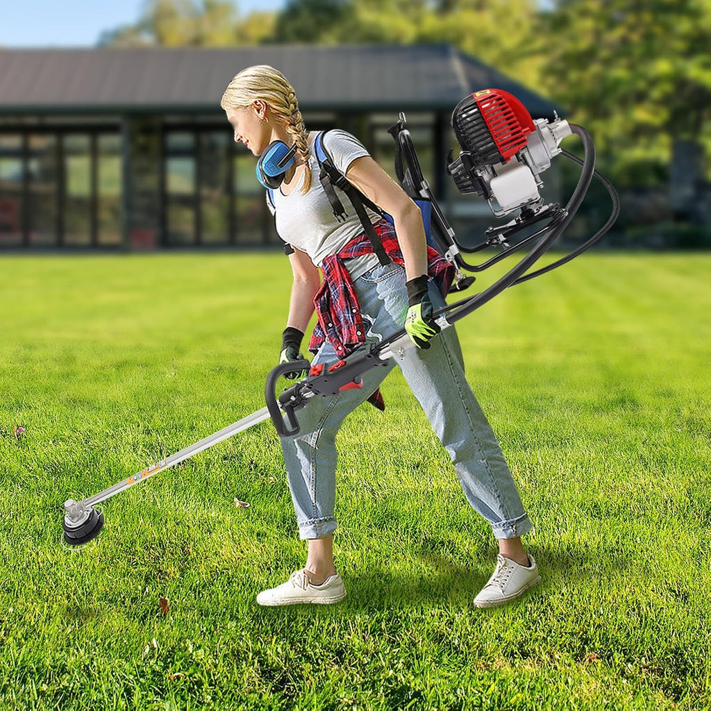 Backpack Cultivator Tiller, 2-in-1 4 Stroke Gasoline Brush Cutter Grass Wacker Weed Lawn Mowerm, Portable Gasoline Air-Cooled Grass Hedge Trimmer Lawn Mower Weed Wacker for Weeding Glass