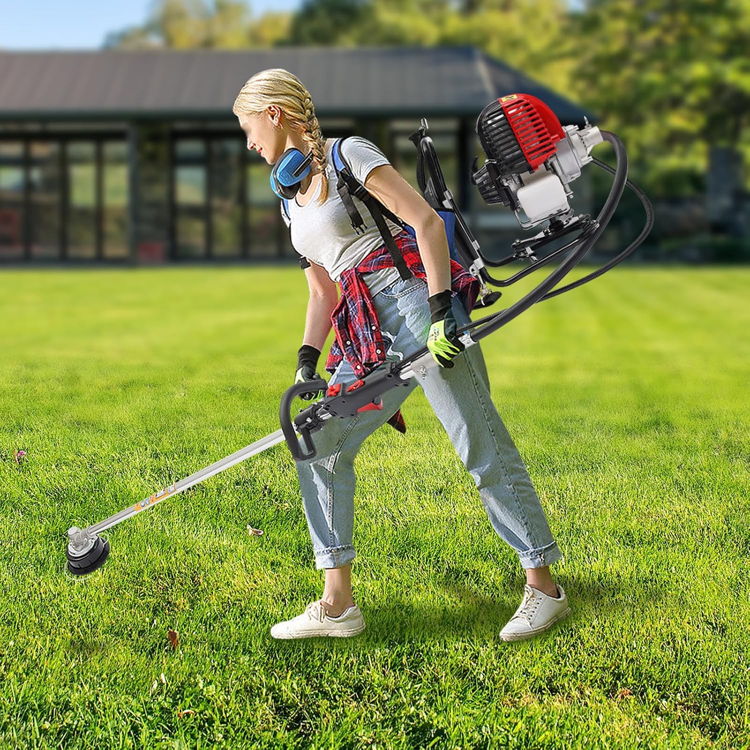 Backpack Cultivator Tiller, 2-in-1 4 Stroke Gasoline Brush Cutter Grass Wacker Weed Lawn Mowerm, Portable Gasoline Air-Cooled Grass Hedge Trimmer Lawn Mower Weed Wacker for Weeding Glass