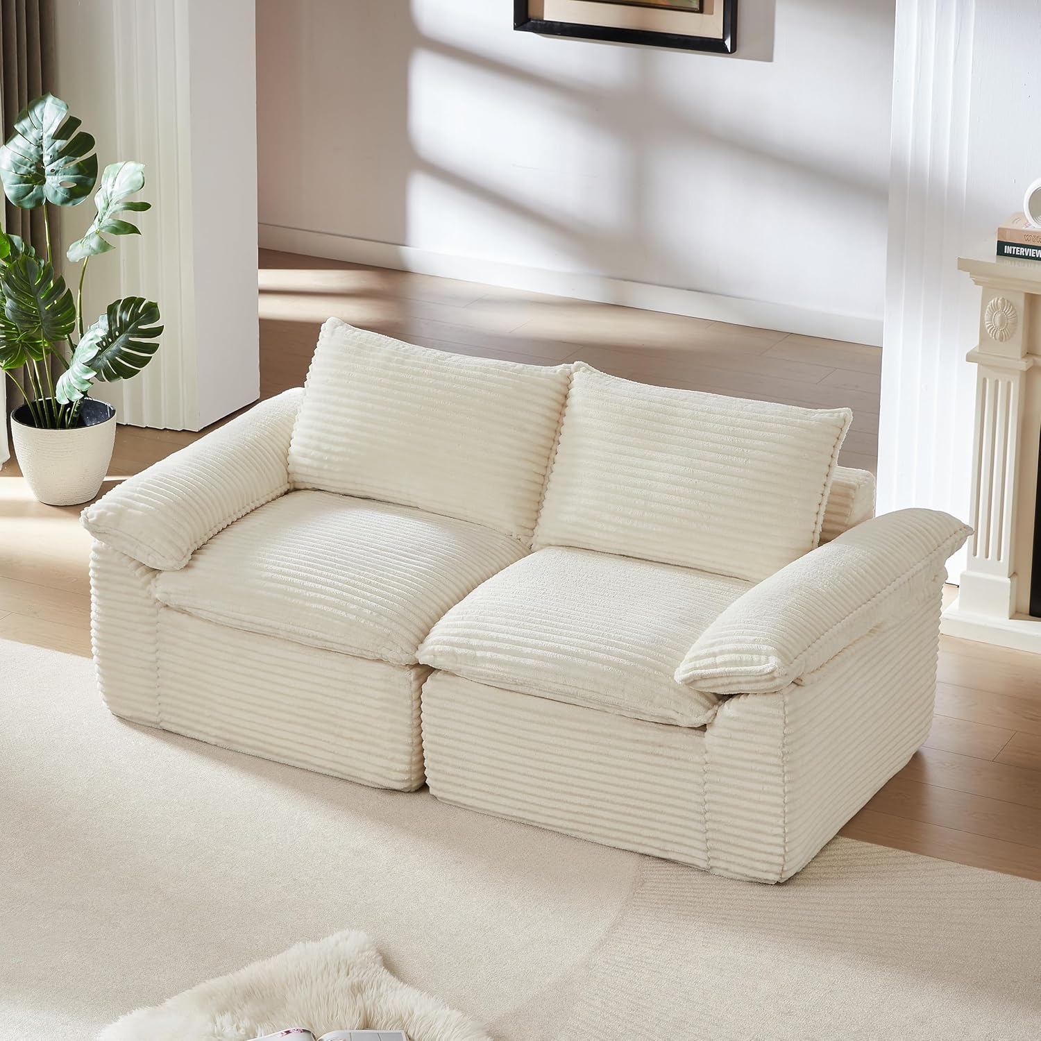 80-Inch Boneless Love Seat Couches in a Box, Modern 2 Seat Floor Modular Foam Cloud Sofa Corduroy Loveseat Couch W/Pillow-top Armrests for Home Apartments Bedroom