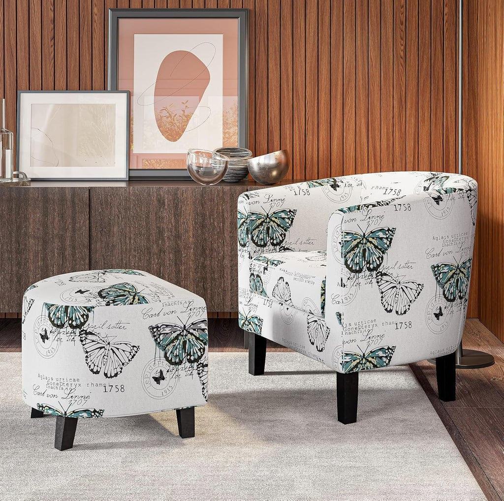 BELLEZE Accent Ottoman Set, Modern Upholstered Curved Back Chair, Barrel Round Tub Reading Chair and Footrest for Living Room Bedroom - Butterfly White/Linen