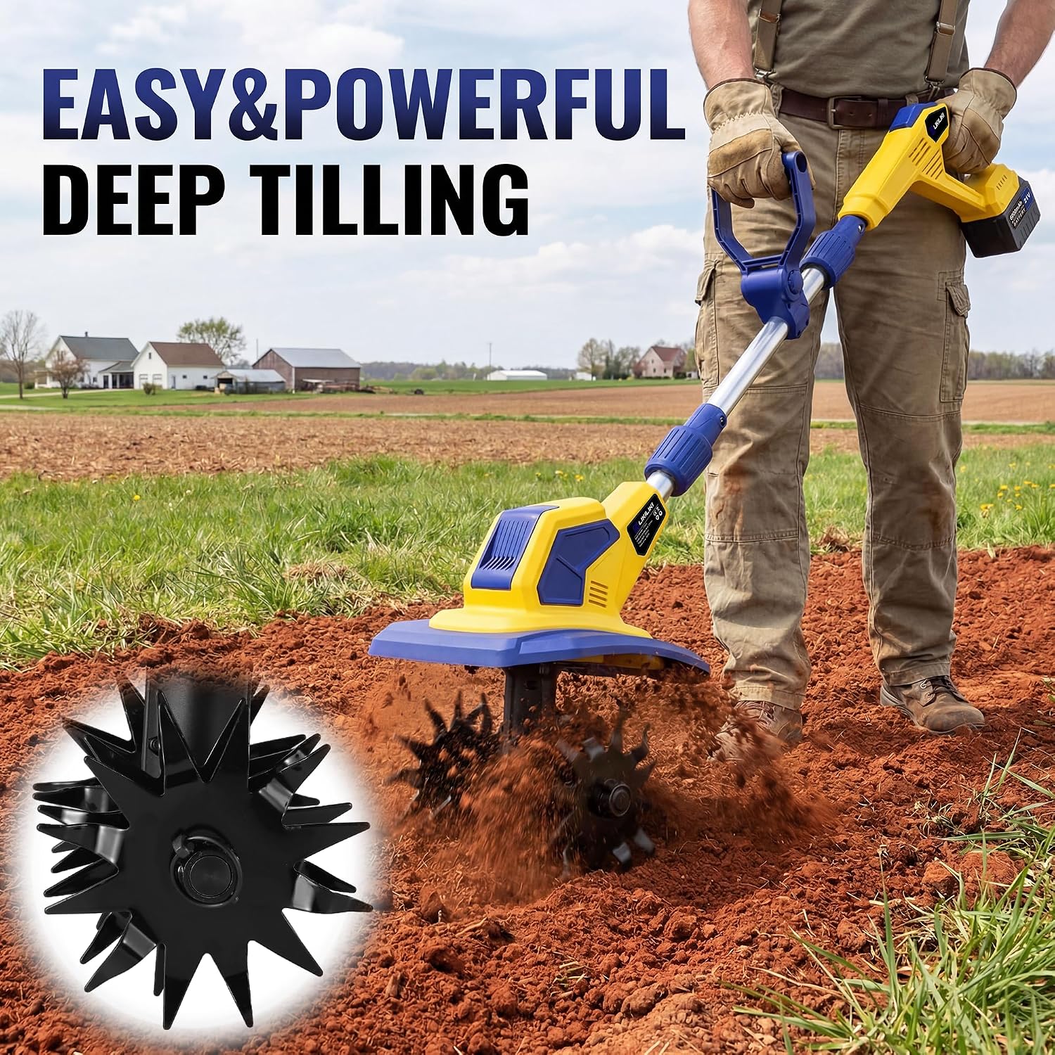 21V Cordless Tiller Cultivator, 720RPM Electric Garden Tiller, with 2 * 6.0Ah Batteries & Charger, 1 * Soil Tilling Blade and 1 * Weed Removal Blade for Lawn/Gardening/Soil Cultivation (Yellow)