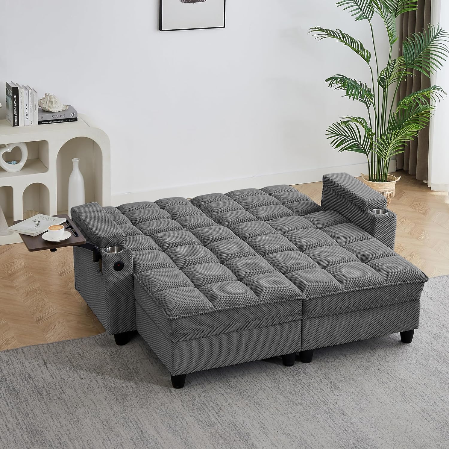 Eafurn Double Chaise Lounge Convertible Sleeper Chair Sofabed W/Storage and 6-Position Reclining Backrest, Modern Tufted Recliner Lounge Chaise Couch with Swivel Table & USB for Living Room