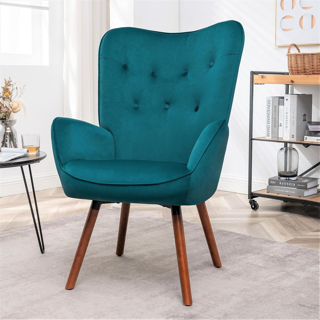 Container Furniture Direct Chic Accent Arm Chairs for Living Room, Bedroom, or Home Office, Button-Tufted Midcentury Armchair with Wingback Design and Splayed Legs, Greynish Blue