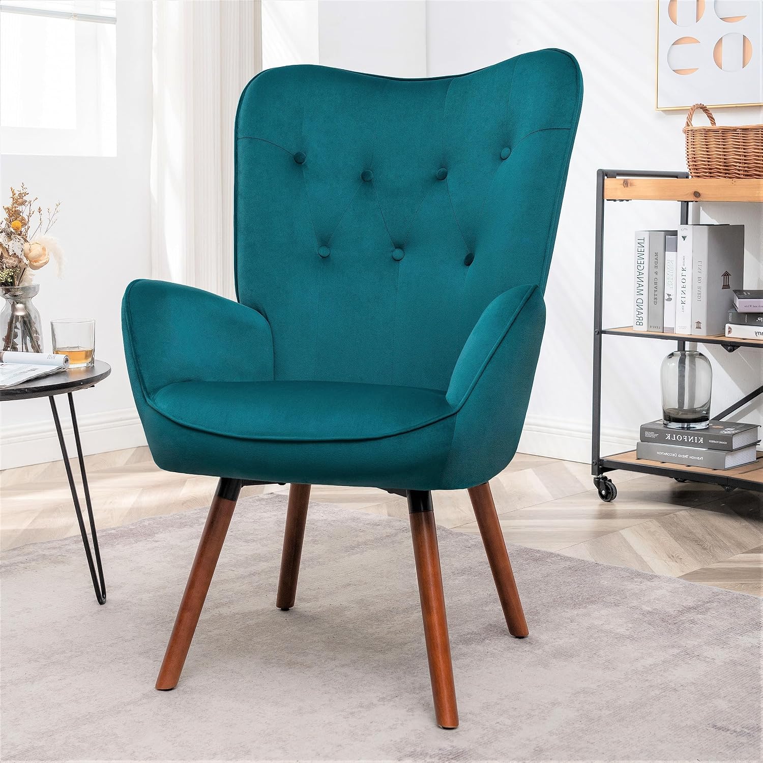 Container Furniture Direct Chic Accent Arm Chairs for Living Room, Bedroom, or Home Office, Button-Tufted Midcentury Armchair with Wingback Design and Splayed Legs, Greynish Blue