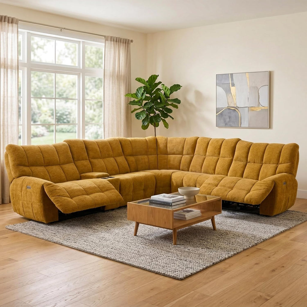 Furniture of America Tavie Modern Reclining Sofa with Storage Console and Cup Holders, Sectional Recliner, L Shaped Couch for Living Room, Home Theater, Playroom, Butterscotch