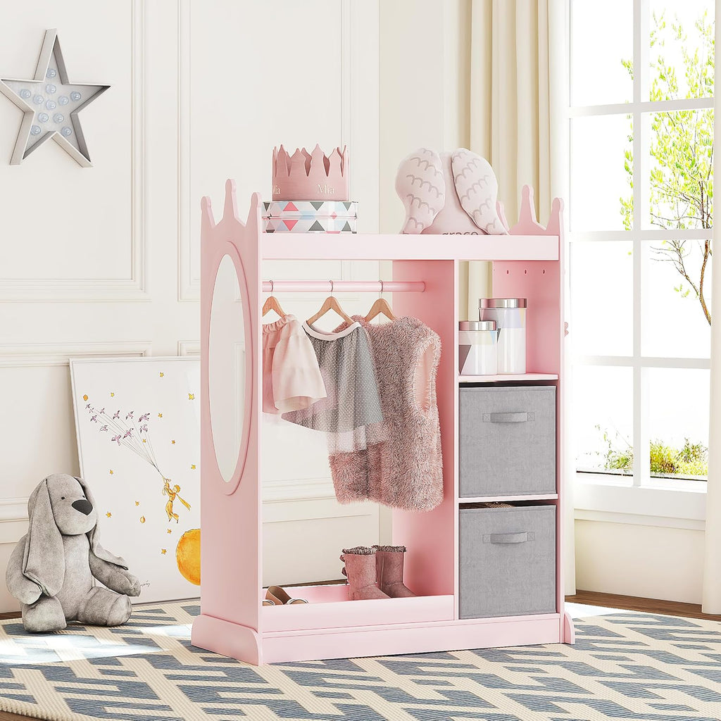 UTEX Kids Armoire Wardrobe Closet with Mirror and Storage Bin, Pink, 33.4 in W x 15.75 in D x 44.5 in H