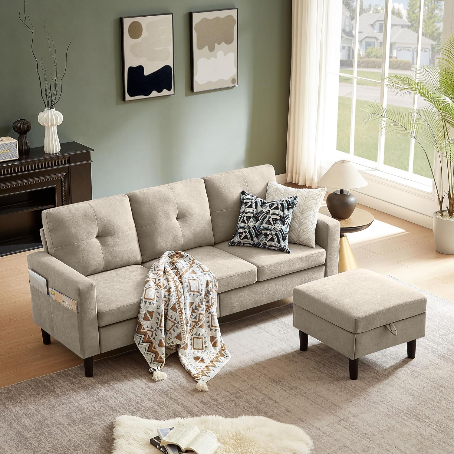 Sectional Sofa Couches for Living Room, L Shaped Couch 3-Seat Convertible Sectional Sofas with Removable Storage Ottoman, Modern Polyester Fabric (Beige)