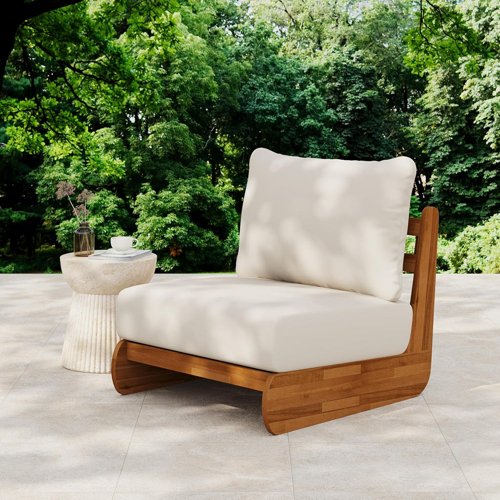 Christopher Knight Home Poppy Outdoor Club Chair with Water Resistant, Acacia Wood Lounge Chair Outdoor, Patio Low Profile Accent Chair, Comfy Reading Chair for Garden Backyard, Teak + Beige