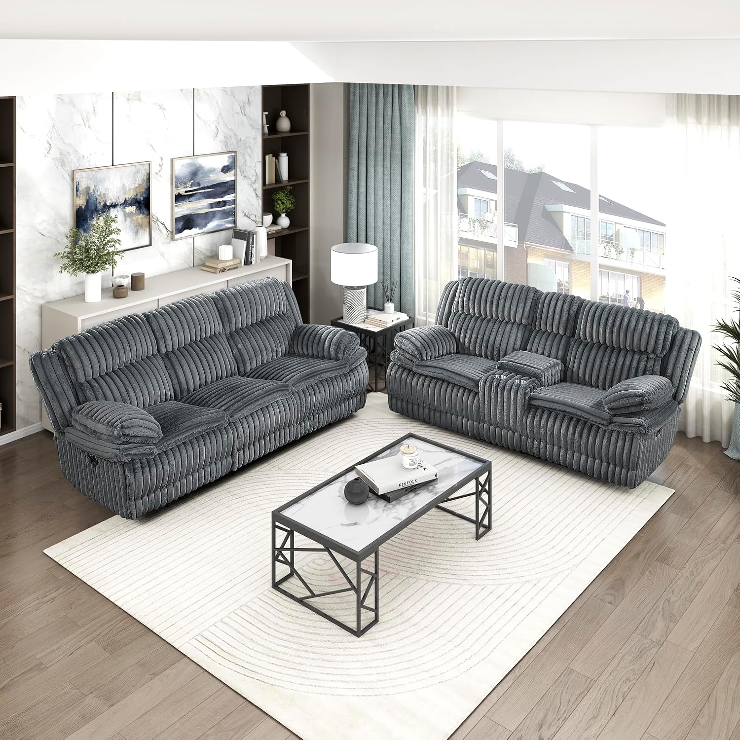 Lexicon Living Room Furniture Set, Modern Recliner Sofa for Living Room, Corduroy Upholstered Couch Set with Pillow Top Arm, Including Sofa and Loveseat with Plywood Frame, 2-Piece Set, Dark Gray