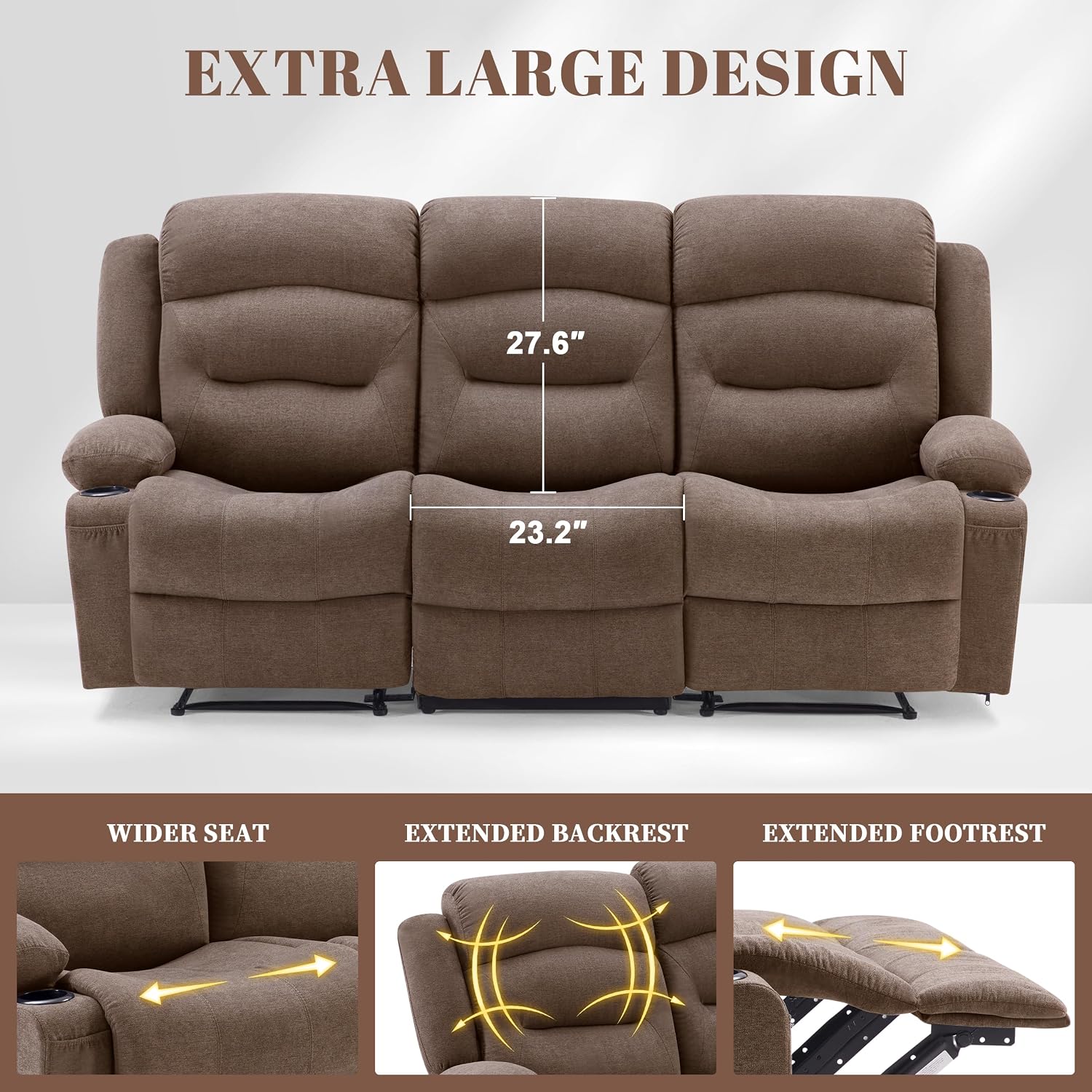 Weture Oversized Recliner Sofa with Heat and Massage, Wall-Hugger Reclining Sofa with Cup Holders and USB Port, Big Large 3-Seater RV Recliner Couch Sofa for Living Room (Fabric, Brown)