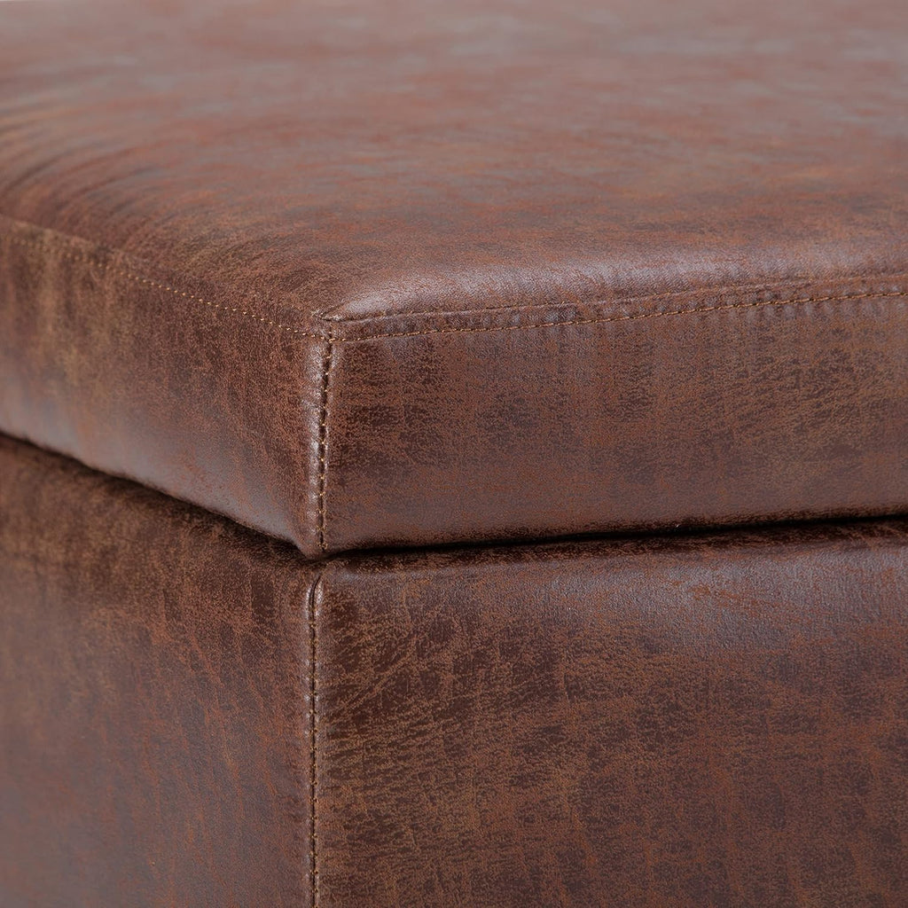 SIMPLIHOME Owen Coffee Table Storage Ottoman - 34' Wide x 19' High Upholstered Vegan Leather Rectangular Lift-Top Ottoman in Distressed Saddle Brown, Mid-Century Modern Bench with Tapered Legs