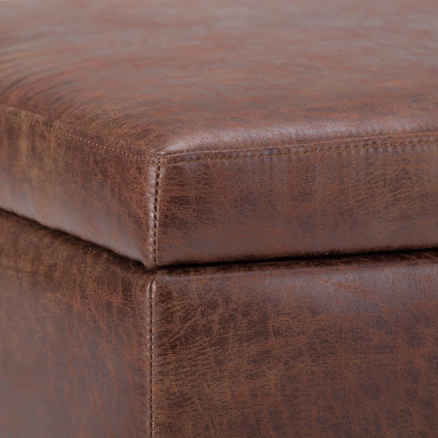 SIMPLIHOME Owen Coffee Table Storage Ottoman - 34' Wide x 19' High Upholstered Vegan Leather Rectangular Lift-Top Ottoman in Distressed Saddle Brown, Mid-Century Modern Bench with Tapered Legs