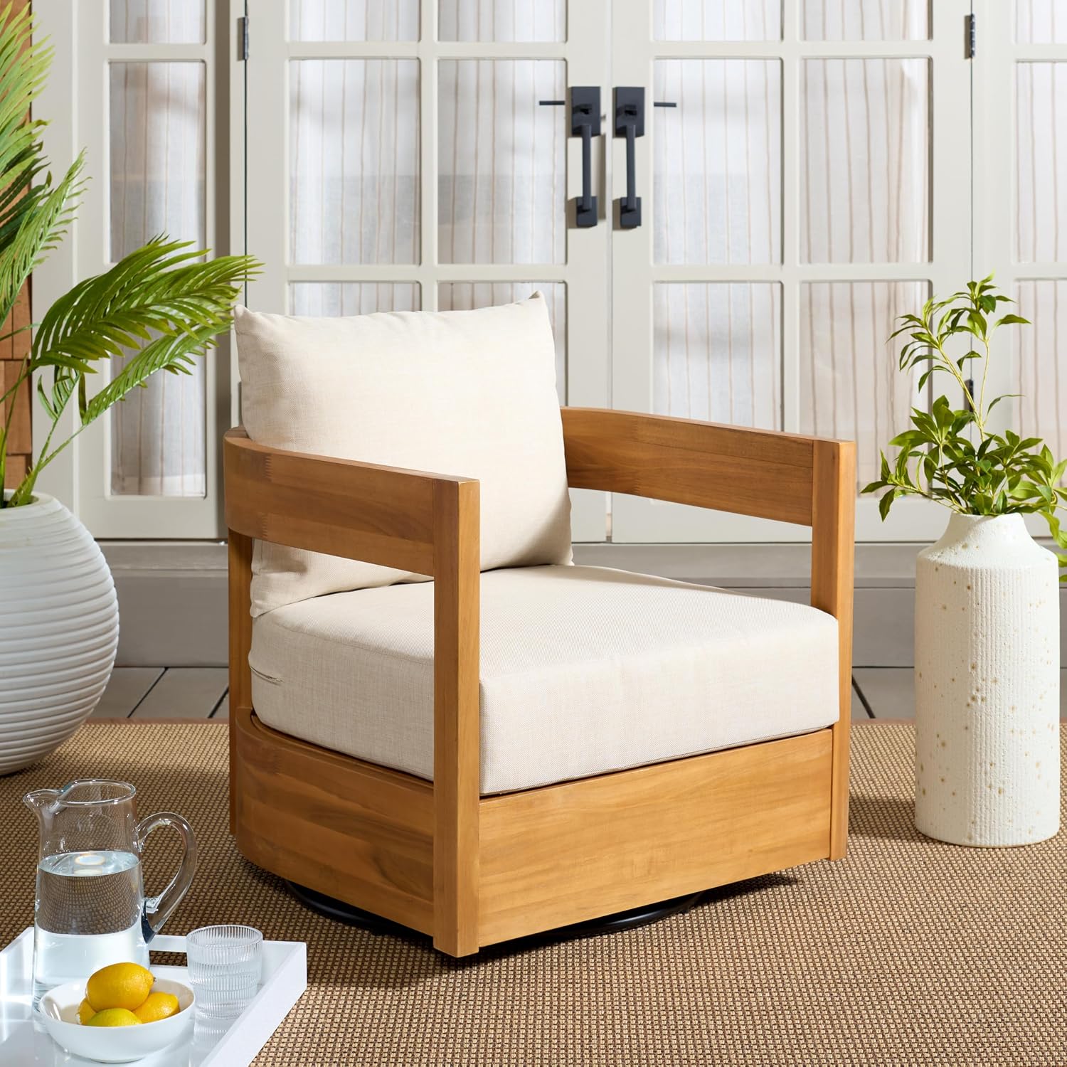 SAFAVIEH Outdoor - Kento Swivel Lounge Chair - Natural & Taupe - Solid Wood with Cushion - Modern Round Design - Ideal for Patio, Deck, Porch, Backyard, 27.5' W x 33' D x 29.1' H (PAT7099A)