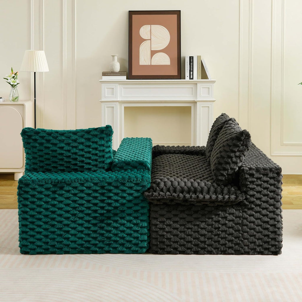 KEIKI 120' Modular Boneless Couch Full Chaise for Bedroom, 4-Seater Sectional Couches for Living Room Furniture, Deep Seat Fluffy Soft Sofa Bed for Studio Apartment Room Pet Friendly, Black Green