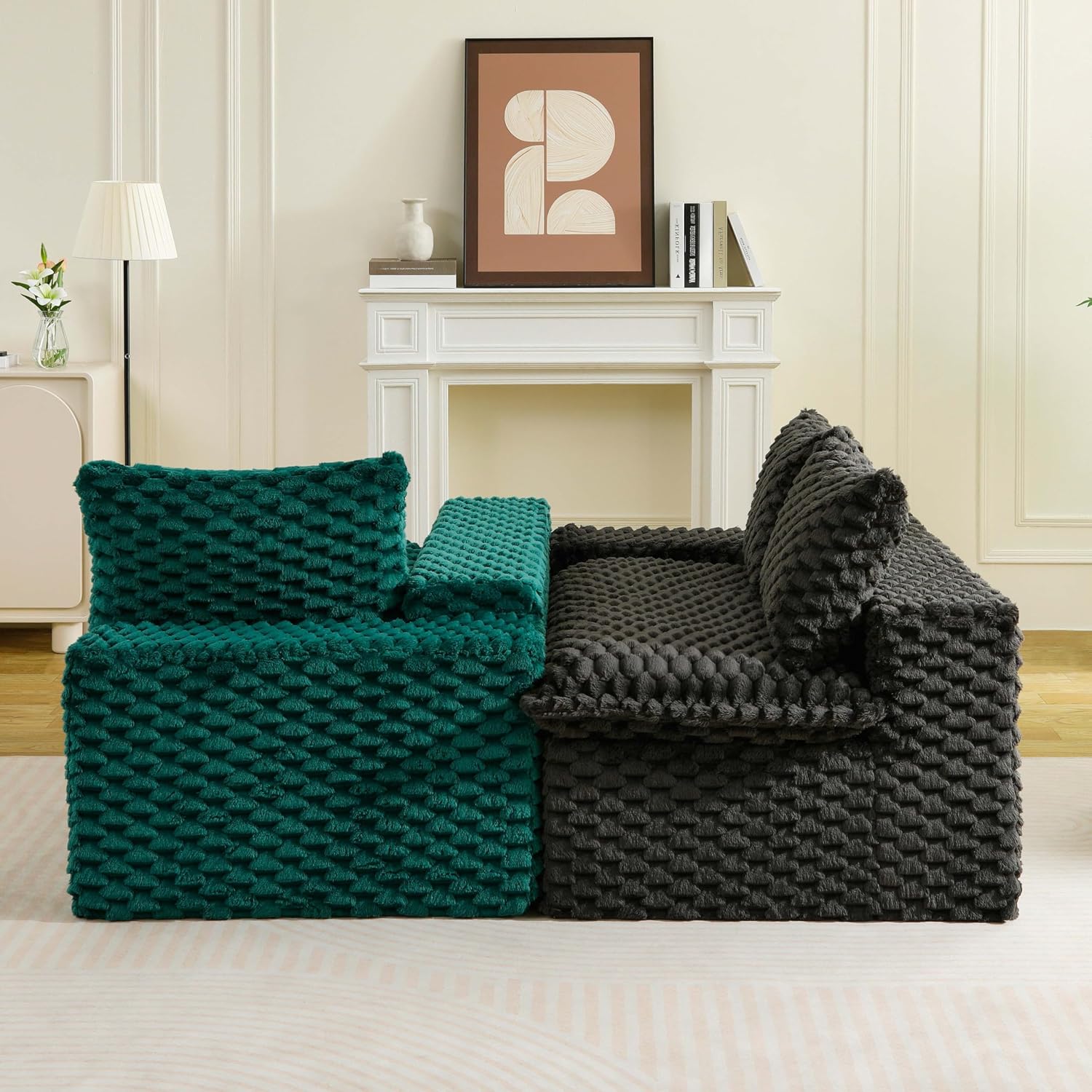 KEIKI 120' Modular Boneless Couch Full Chaise for Bedroom, 4-Seater Sectional Couches for Living Room Furniture, Deep Seat Fluffy Soft Sofa Bed for Studio Apartment Room Pet Friendly, Black Green