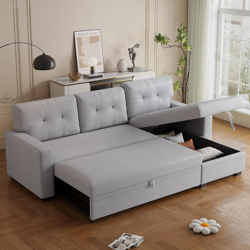 82' L-Shape Convertible Sleeper Sectional Sofa with Storage Chaise and Pull-Out Bed,Modular Corner Couch Lounge,w/Removable 3 Back Cushions and Armrest,for Home Furniture,Light Gray