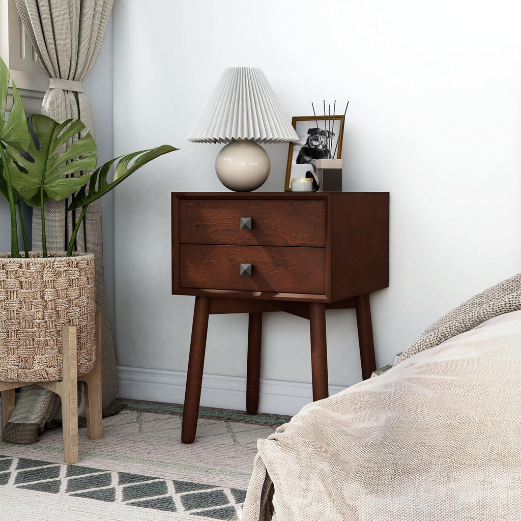 24/7 Shop at Home Goerge Mid-Century Modern Nightstand, Solid Rubber Wood Dresser, Small Bedside Tables with 2 Drawers, with Tapered Legs for Bedroom, Living Room, Home Office, Espresso Brown