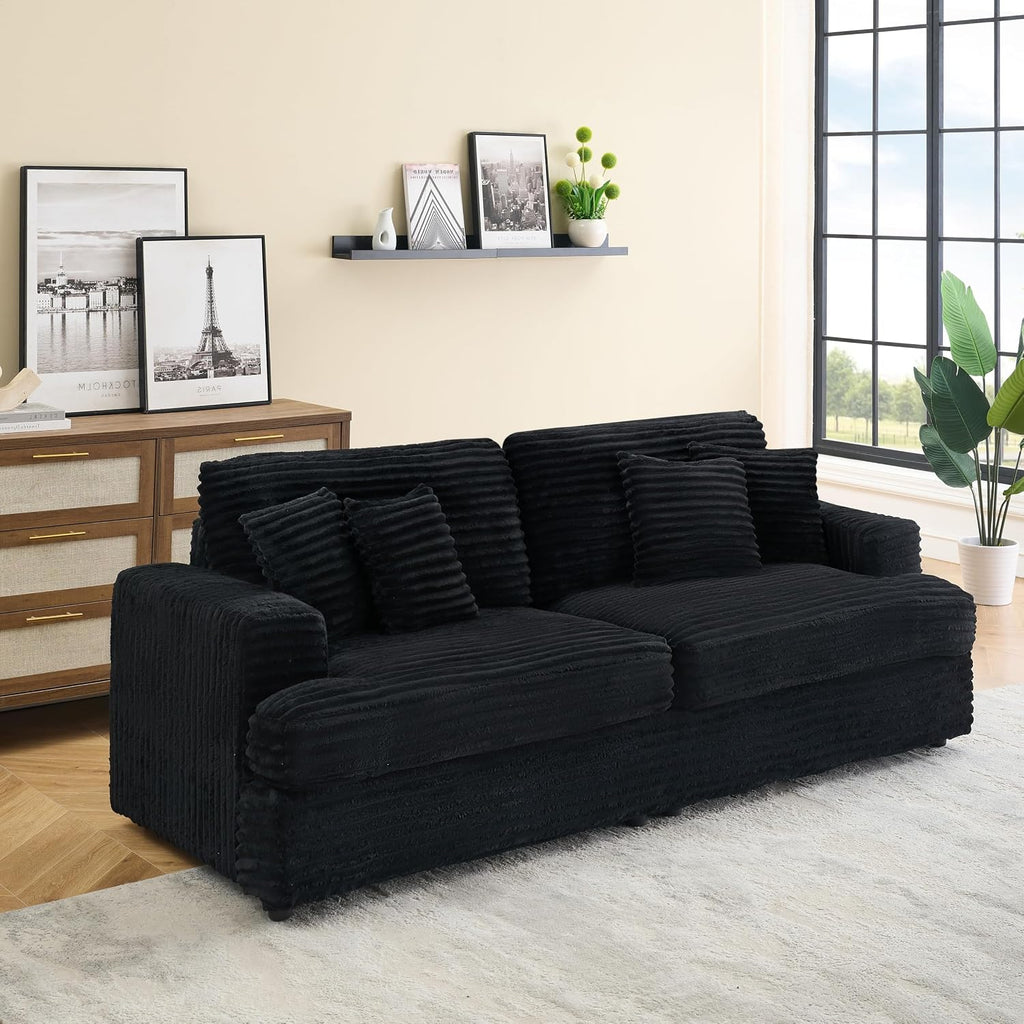KEIKI 88.58 inch Sofa, Corduroy 3 Seater Couch Sofa with 4 Pillows, Corduroy Sleeper Couch for Living Room, Apartment, Salon, Home Theater, Black