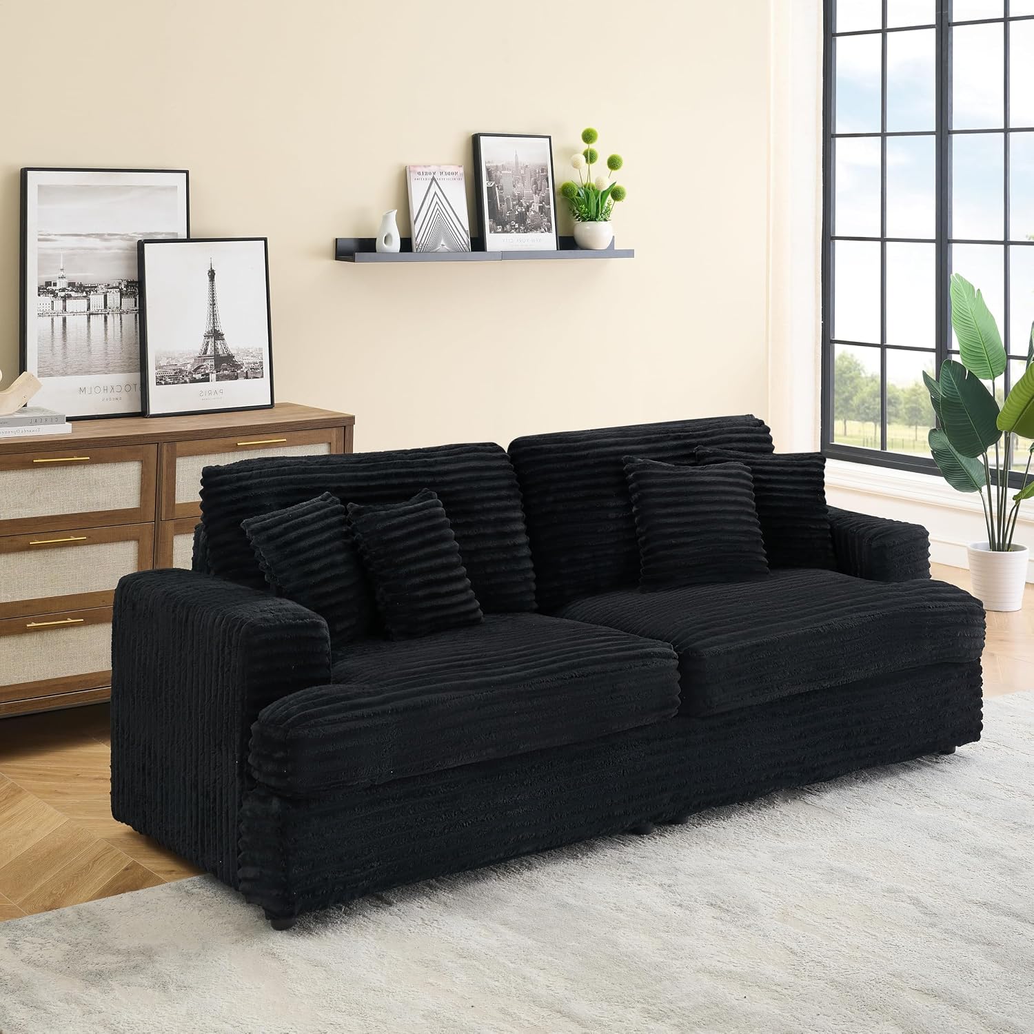 KEIKI 88.58 inch Sofa, Corduroy 3 Seater Couch Sofa with 4 Pillows, Corduroy Sleeper Couch for Living Room, Apartment, Salon, Home Theater, Black
