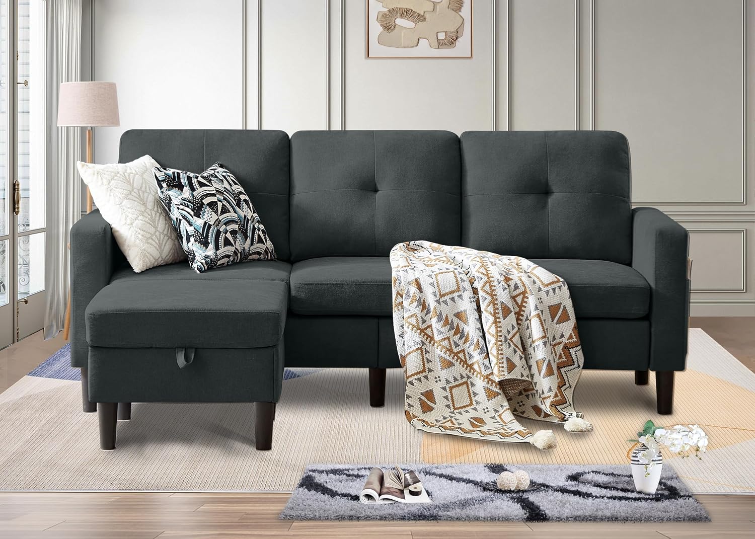 Sectional Sofa Couches for Living Room, L Shaped Couch 3-Seat Convertible Sectional Sofas with Removable Storage Ottoman, Modern Polyester Fabric (Black)