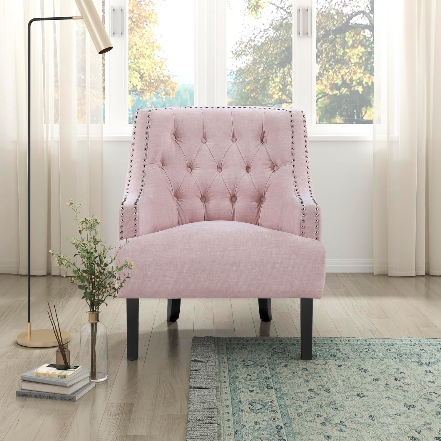 Lexicon Accent Chair Reading Chair Comfy Chair for Bedroom, Upholstered Armchair with Solid Wood Frame, Tufted Cushion Nail Head Trim, Single Sofa Chair for Living Room, Office, Pink Chenille
