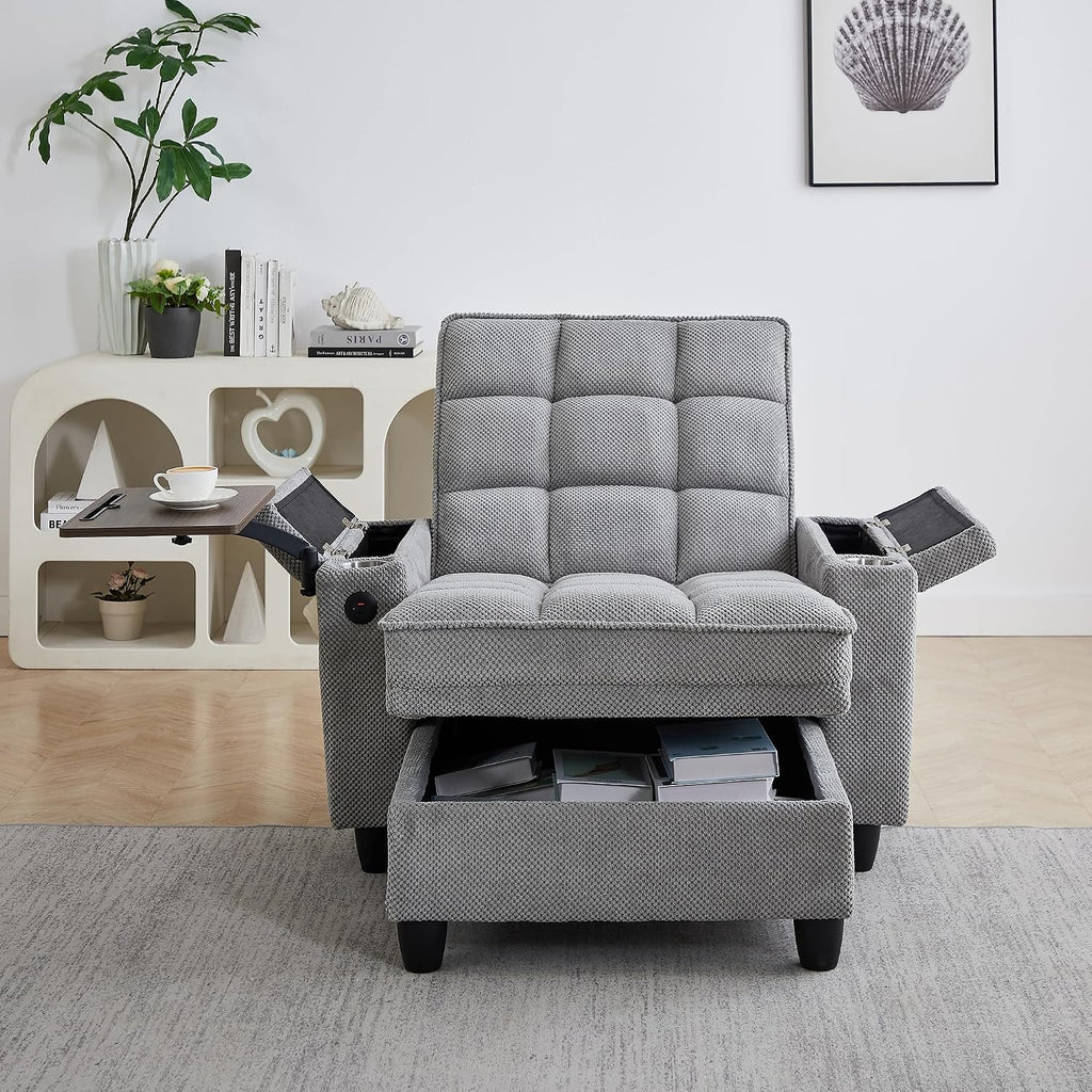 Eafurn 6-Position Adjustable Convertible Chaise Lounge Sleeper Chair with Storage, Modern Recliner Armchair with Swivel Tray Table & USB Port, Multi-Functional Tufted Accent Chair for Small Space