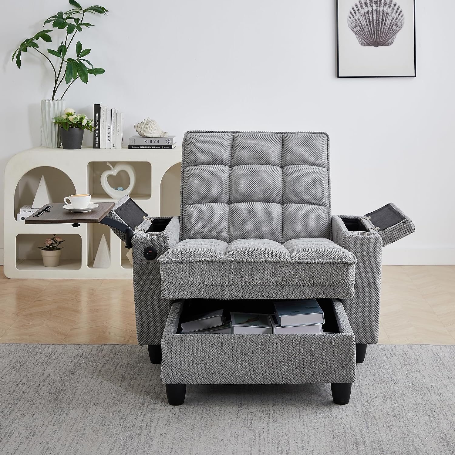 Eafurn 6-Position Adjustable Convertible Chaise Lounge Sleeper Chair with Storage, Modern Recliner Armchair with Swivel Tray Table & USB Port, Multi-Functional Tufted Accent Chair for Small Space