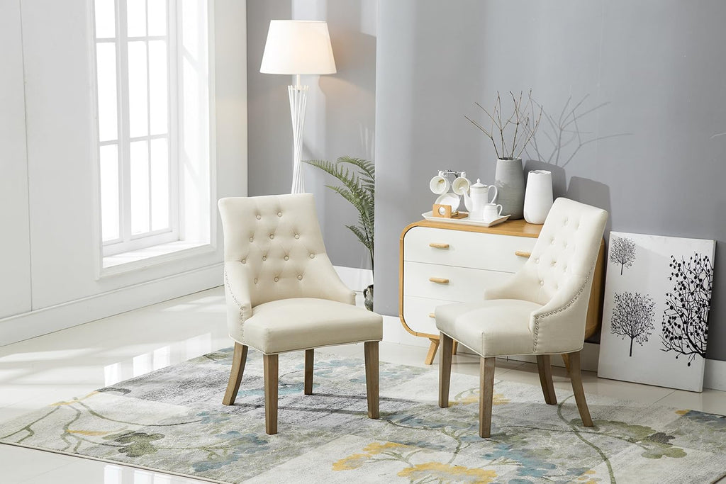 Roundhill Furniture Button Tufted Solid Wood Wingback Hostess Chairs with Nail Heads, Set of 2, Tan, White, 'Tan, 24D x 22W x 39H in