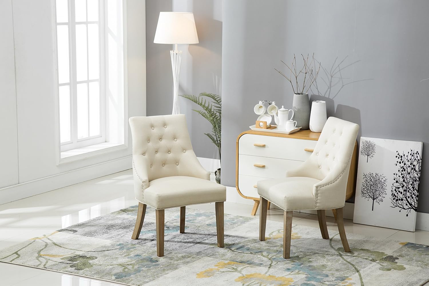 Roundhill Furniture Button Tufted Solid Wood Wingback Hostess Chairs with Nail Heads, Set of 2, Tan, White, 'Tan, 24D x 22W x 39H in