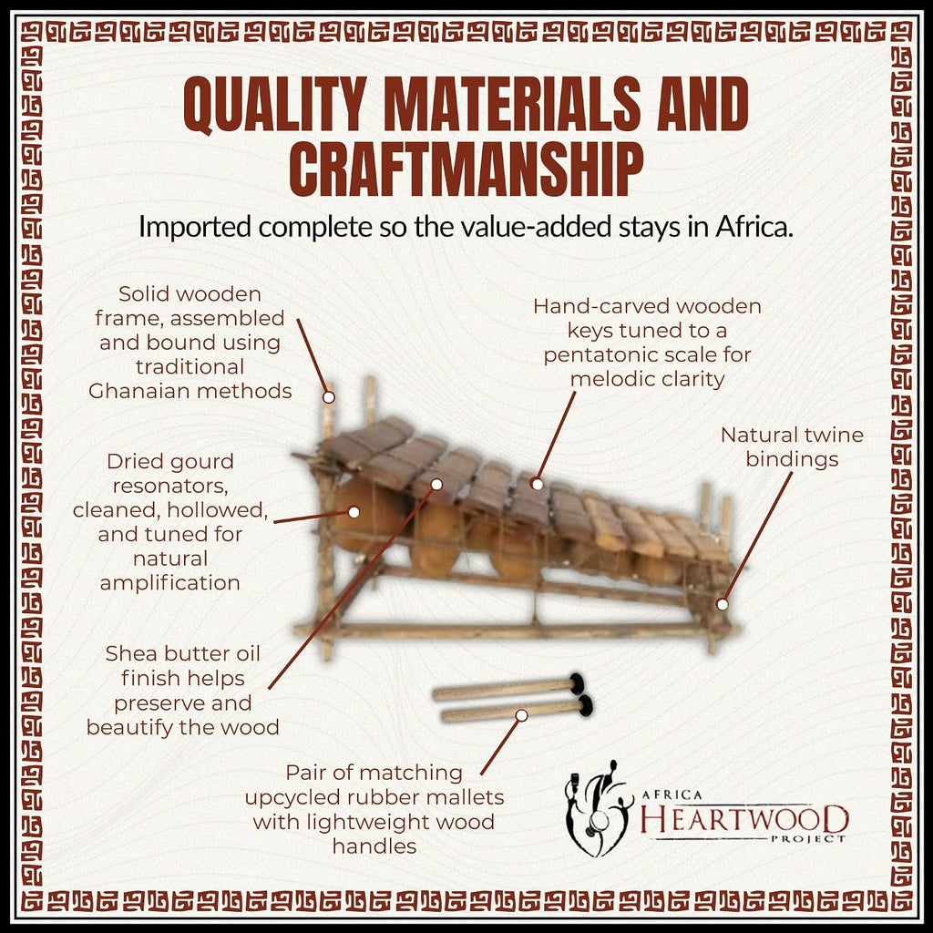 Africa Heartwood Project Classic Heartwood Gyli with Mallets – 10 Key C Pentatonic - African Xylophone Balafon from Ghana, Handcrafted by Village Artisans in Ghana - Key of C-C#