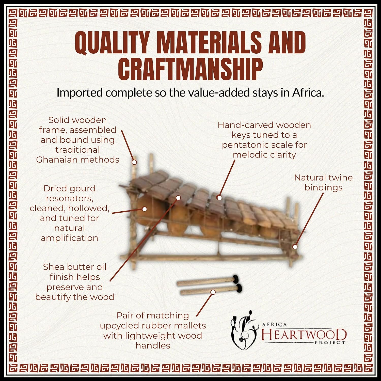 Africa Heartwood Project Classic Heartwood Gyli with Mallets – 10 Key C Pentatonic - African Xylophone Balafon from Ghana, Handcrafted by Village Artisans in Ghana - Key of C-C#
